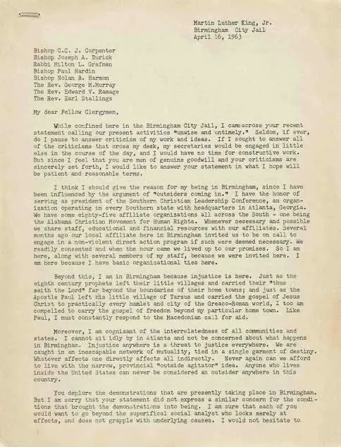 MLK Letter from Birmingham Jail to two Episcopal Bishops